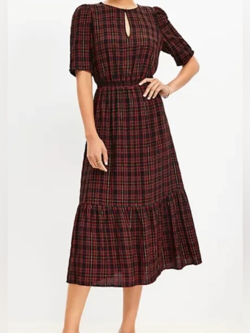 Loft Plaid Midi Dress with Keyhole Neck - Red/Black Size Xl.